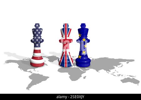 Scacchi fatti con bandiere USA, Regno Unito ed UE su una mappa del mondo Foto Stock