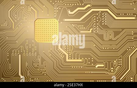 Struttura del circuito stampato in oro con un chip al centro Illustrazione Vettoriale
