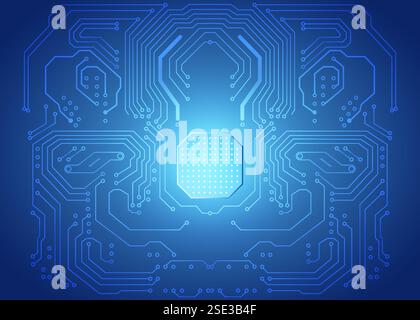Struttura del circuito stampato blu con un chip al centro Illustrazione Vettoriale