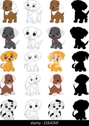 set di cuccioli, libri da colorare per cani isolati, vettoriali Illustrazione Vettoriale