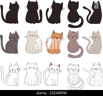 set di gatti, gattini in stile doodle, vettoriali Illustrazione Vettoriale