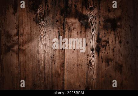 Un primo piano di tavole di legno molto vecchie con una consistenza scura, invecchiata e resistente agli agenti atmosferici. La superficie ruvida presenta incrinature profonde, nodi visibili e un di naturale Foto Stock