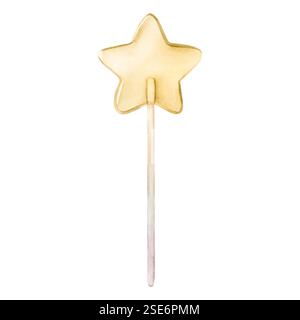 Bacchetta magica lellipop. Carine carine con stelle gialle su un bastoncino. Acquerello dipinto a mano, illustrazione isolata degli alimenti per il compleanno dei bambini, la festa della doccia dei bambini, l'infermiera Foto Stock