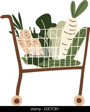 Carrello della spesa e cestino riempiti di alimentari dal supermercato o dal mercato agricolo. Verdure, imballaggi ecologici a zero rifiuti, perfetti per un design ecocompatibile. Illustrazione Vettoriale