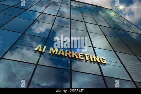 Concetto di edificio in vetro per marketing AI. Simbolo commerciale dell'algoritmo di intelligenza artificiale sull'illustrazione 3d della facciata anteriore. Foto Stock