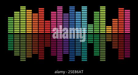 Equalizzatore al neon multicolore su sfondo nero, audio vocale. Illustrazione Vettoriale
