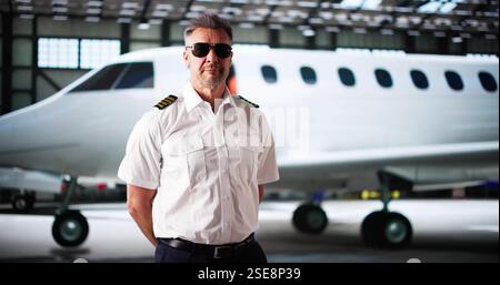 Pilota di Jet privato in uniforme. Piccolo aeroplano all'aeroporto Foto Stock