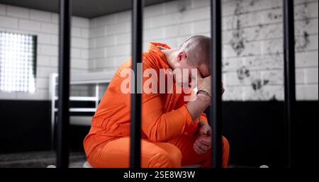Prigioniero ispanico in uniforme arancione chiuso dietro le sbarre in prigione Foto Stock