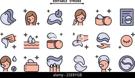 Set di icone colorate per patch di gel per occhi. Traccia modificabile. Semplici illustrazioni della maschera oculare. Collezione di segni dei prodotti per la cura di tendenza. Segni vettoriali isolati piatti Illustrazione Vettoriale