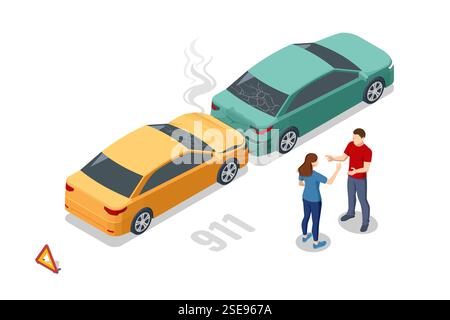 Incidente isometrico con due veicoli. Due auto si sono schiantate in un incrocio con persone nelle vicinanze e veicoli danneggiati. L'incidente si è verificato in un contesto vivace Illustrazione Vettoriale