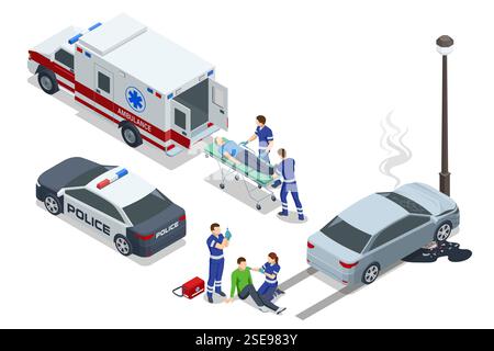 Isometric Car crash, i paramedici assistono un paziente su una barella accanto a un'ambulanza e alla macchina della polizia. La scena è ambientata su una strada con alberi, enfatizzando Illustrazione Vettoriale