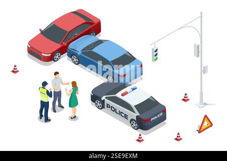 Incidente d'auto. Due auto si sono schiantate su una strada laterale vicino ad un passaggio pedonale. La polizia sta mediando tra le parti coinvolte, con alberi e decorazioni urbane Illustrazione Vettoriale