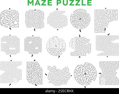 Illustrazione del pacchetto vettoriale Labyrinth del gioco Maze. Modelli di puzzle per libri per bambini e libri per l'asilo o per la scuola a casa Illustrazione Vettoriale