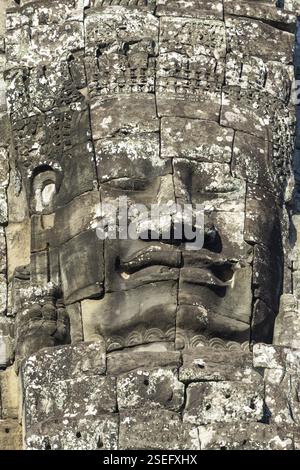 Gigantesca facciata scolpita in pietra del Bodhisattva Lokeshvara, noto anche come Avalokiteshvara, Tempio di Bayon, Angkor Thom, sito Patrimonio dell'Umanità dell'UNESCO, Angkor Wa Foto Stock