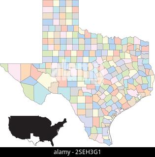 Mappa vettoriale colorata del Texas, che evidenzia le diverse contee dello stato Illustrazione Vettoriale