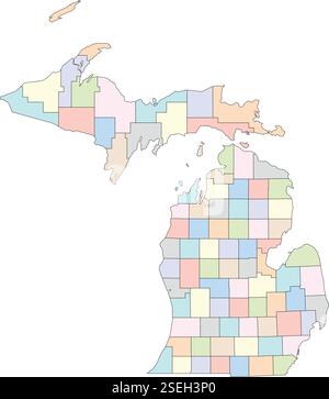 File vettoriale modificabile delle contee che compongono lo stato del Michigan, situate negli Stati Uniti. Illustrazione Vettoriale