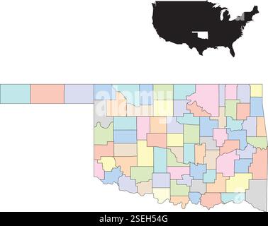 Mappa colorata dell'Oklahoma che mostra i confini delle sue contee Illustrazione Vettoriale