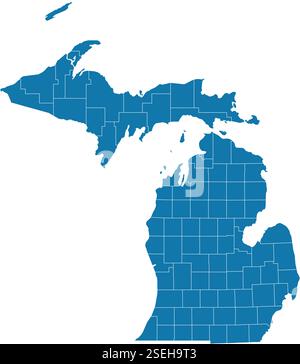 File vettoriale modificabile delle contee che compongono lo stato del Michigan, situate negli Stati Uniti. Illustrazione Vettoriale
