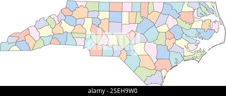 File vettoriale modificabile delle contee che compongono lo stato della Carolina del Nord, situate negli Stati Uniti. Illustrazione Vettoriale