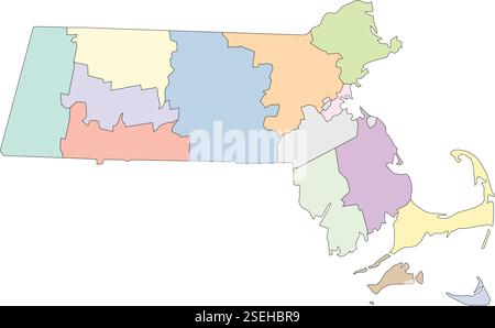 Immagine vettoriale modificabile delle contee che compongono lo stato del Massachusetts, situate negli Stati Uniti. Illustrazione Vettoriale