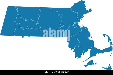 Immagine vettoriale modificabile delle contee che compongono lo stato del Massachusetts, situate negli Stati Uniti. Illustrazione Vettoriale