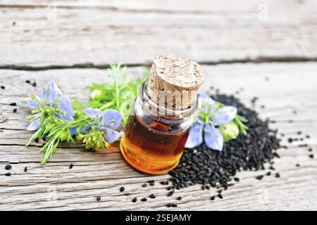 Olio Nigella sativa in bottiglia, semi e rametti di semi di caraway nero con fiori blu su uno sfondo di legno Foto Stock