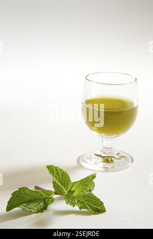 Spezie verdi succo di menta su sfondo bianco, pudina ka rus, India, Asia Foto Stock
