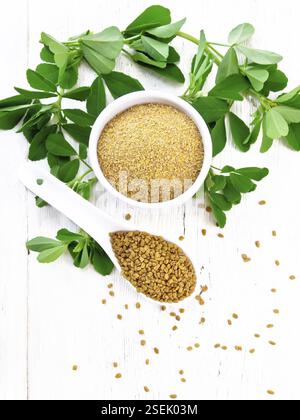 Semi di fenugreek in un cucchiaio e spezie macinate in un ciotola con foglie verdi su legno chiaro sfondo da sopra Foto Stock