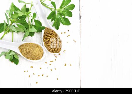 Semi di fieno greco e la massa spice in due cucchiai e su una tabella con foglie verdi su una tavola di legno del fondo da sopra Foto Stock