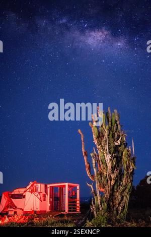 Una splendida vista notturna di un osservatorio nel deserto sotto un cielo stellato e limpido, incorniciato da un alto cactus in primo piano. Catturata nel deserto di Tatacoa, Colombia, questa fotografia mette in evidenza la bellezza di una delle migliori destinazioni per l'osservazione delle stelle al mondo. Ideale per progetti legati all'astronomia, ai paesaggi desertici, ai viaggi e alla natura. Perfetto per l'uso in contenuti educativi, poster e promozioni turistiche Foto Stock