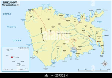 Mappa della più grande isola delle Marchesi Nuku Hiva, Polinesia francese Foto Stock