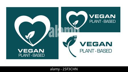 Design del logo vegetale Vegan con motivo ecologico a forma di cuore e foglia per il branding, i prodotti biologici e il marketing aziendale sostenibile Illustrazione Vettoriale
