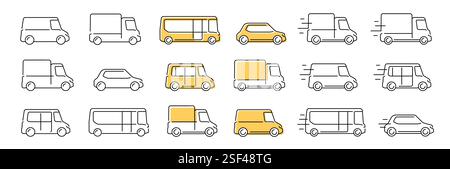 Camion, veicolo, simbolo dell'autobus. Trasporto di icone vettoriali lineari. Consegna merci, taxi, trasporto passeggeri Illustrazione Vettoriale