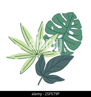 composizione di foglie verdi tropicali. monstera, palma, edera in varie forme e dimensioni. stile semplice e piatto. Illustrazione vettoriale. Perfetto per le stampe Illustrazione Vettoriale