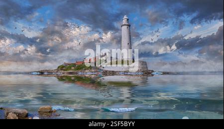 St Mary's Lighthouse, originariamente costruito nel 1664 su un precedente resti dell'abbazia, poi ricostruito nel 1898, St Mary's Island, Whitley Bay, Northumberland, Inghilterra Foto Stock