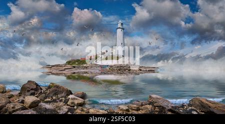 St Mary's Lighthouse, originariamente costruito nel 1664 su un precedente resti dell'abbazia, poi ricostruito nel 1898, St Mary's Island, Whitley Bay, Northumberland, Inghilterra Foto Stock
