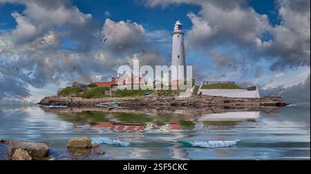 St Mary's Lighthouse, originariamente costruito nel 1664 su un precedente resti dell'abbazia, poi ricostruito nel 1898, St Mary's Island, Whitley Bay, Northumberland, Inghilterra Foto Stock