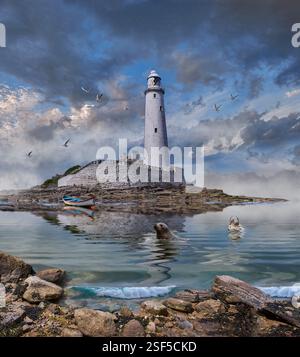 St Mary's Lighthouse, originariamente costruito nel 1664 su un precedente resti dell'abbazia, poi ricostruito nel 1898, St Mary's Island, Whitley Bay, Northumberland, Inghilterra Foto Stock