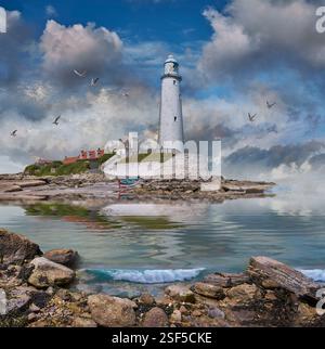 St Mary's Lighthouse, originariamente costruito nel 1664 su un precedente resti dell'abbazia, poi ricostruito nel 1898, St Mary's Island, Whitley Bay, Northumberland, Inghilterra Foto Stock