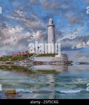 St Mary's Lighthouse, originariamente costruito nel 1664 su un precedente resti dell'abbazia, poi ricostruito nel 1898, St Mary's Island, Whitley Bay, Northumberland, Inghilterra Foto Stock