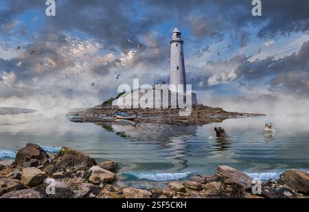 Foche nel mare intorno al faro di St Mary, originariamente costruito nel 1891 su un'antica abbazia, St Mary's Island, Whitley Bay, Inghilterra Foto Stock