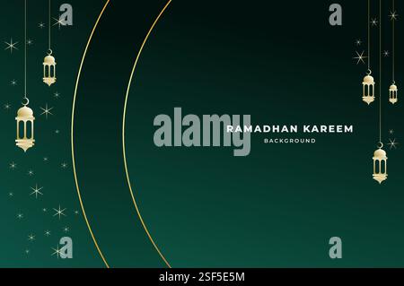 Elegante sfondo islamico con lanterna, forma circolare e stelle scintillanti in lussuoso colore verde scuro. Ramadan kareem, eid mubarak, e festa Illustrazione Vettoriale
