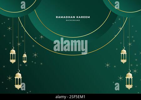 Elegante sfondo islamico con lanterna, forma circolare e stelle scintillanti in lussuoso colore verde scuro. Ramadan kareem, eid mubarak, e festa Illustrazione Vettoriale