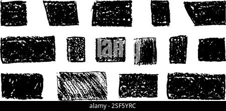 Set di forme geometriche astratte di base disegnate con colore nero pastello o carbone. Collezione di cornici per preventivi di vernice disegnate a mano. Voce monocromatica vuota Illustrazione Vettoriale
