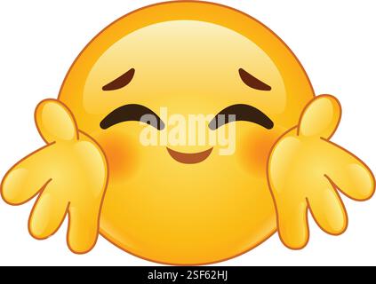 Emoticon sorridente sul viso con le mani aperte che offrono un caldo abbraccio Illustrazione Vettoriale
