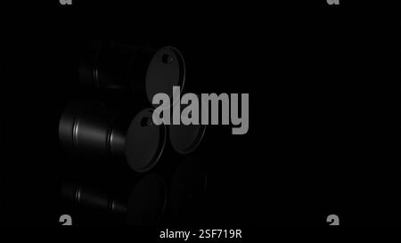 Modello 3D di un barile con olio nero su afidi neri, tre botti con nafta Foto Stock