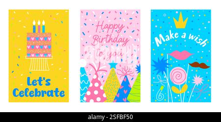 Biglietti per festeggiamenti di compleanno colorati con torta, desideri e decorazioni per feste Illustrazione Vettoriale
