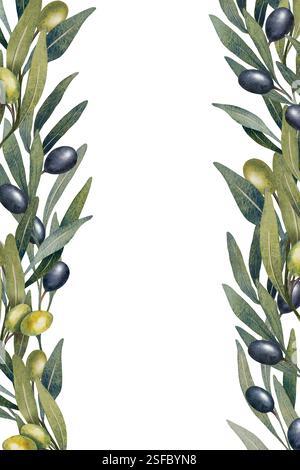 Illustrazione ad acquerello disegnata a mano di rami di ulivo con olive verdi e nere. Cornice botanica con foglie e frutta. Ideale per inviti Foto Stock