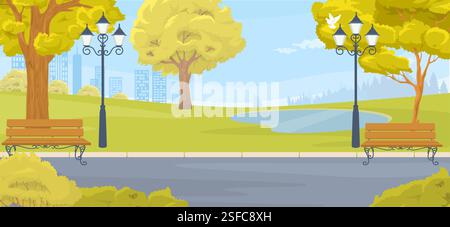 Il luminoso paesaggio autunnale presenta un tranquillo parco con due panche, lampioni d'epoca, alberi colorati e un tranquillo laghetto sullo sfondo sotto un limpido Illustrazione Vettoriale