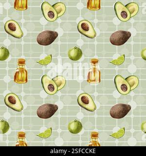 Motivo avocado acquerello. Motivo senza cuciture con avocado e lime e una bottiglia di olio su fondo a reticolo. Una fetta di lime e mezza di un Foto Stock